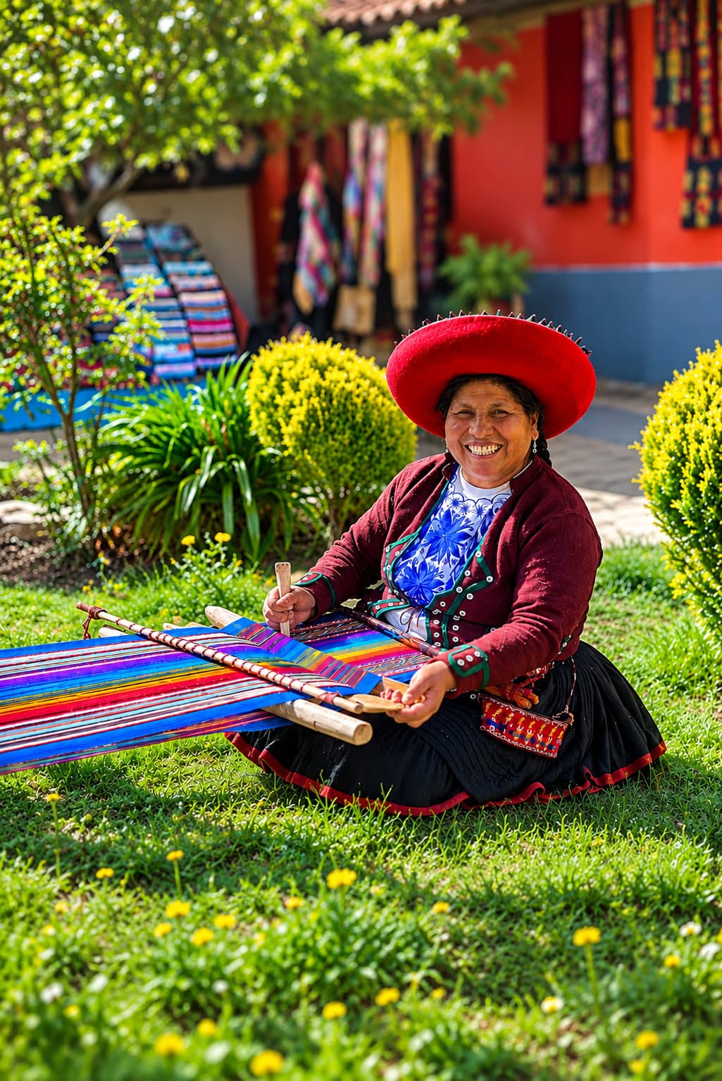 Une artisane tisserande souriante, assise devant son métier à tisser traditionnel