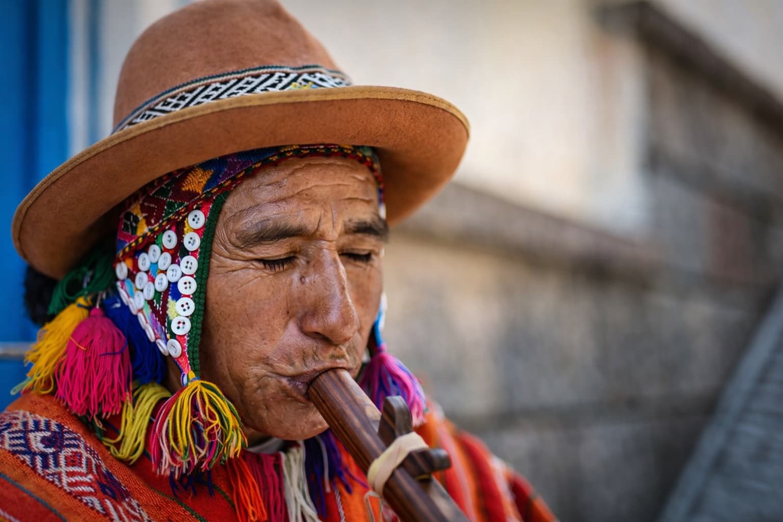 Artisan quechua jouant de la flûte traditionnelle